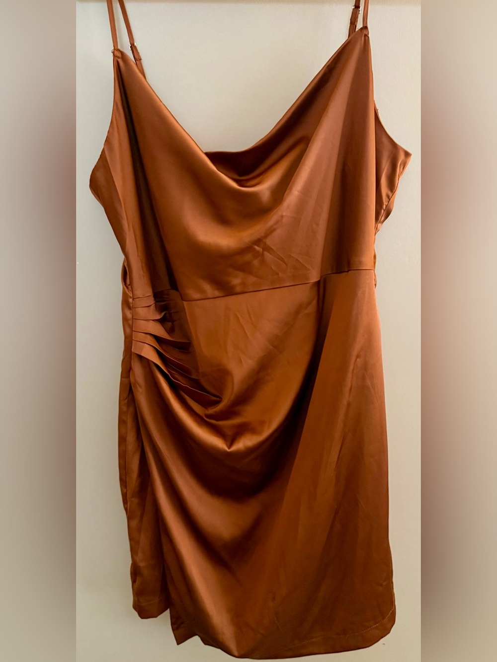 Molly Green NWT Rust Satin Cowl Neck Ruched Mini Dress
